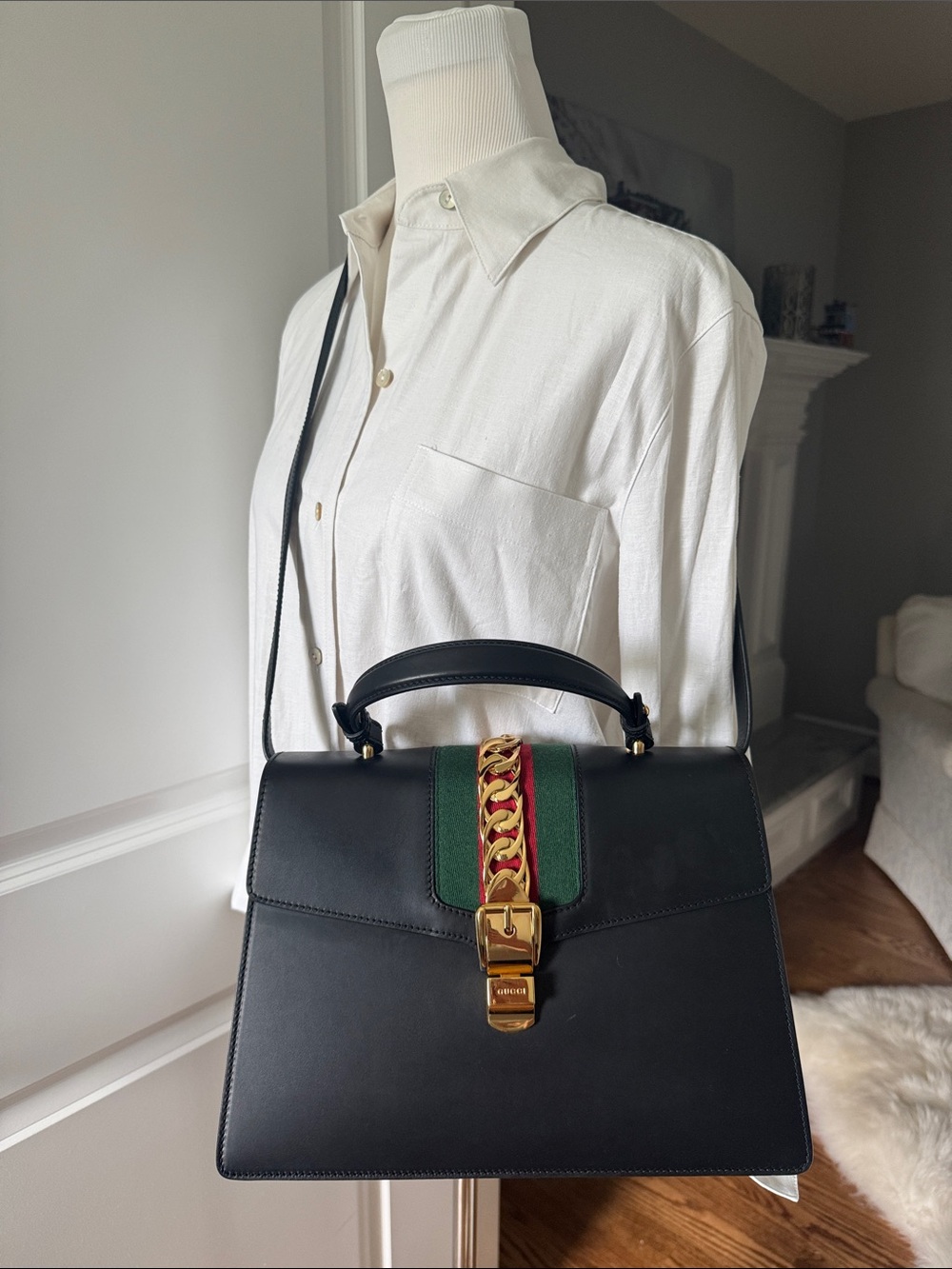 Auth Gucci Medium Sylvie Web Stripe Black Leather Satchel Top Handle Bag